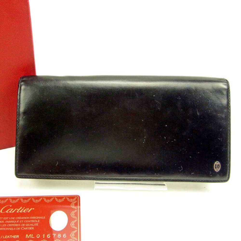 Cartier Wallet Purse Long Wallet Black Silver Woman Authentic Used